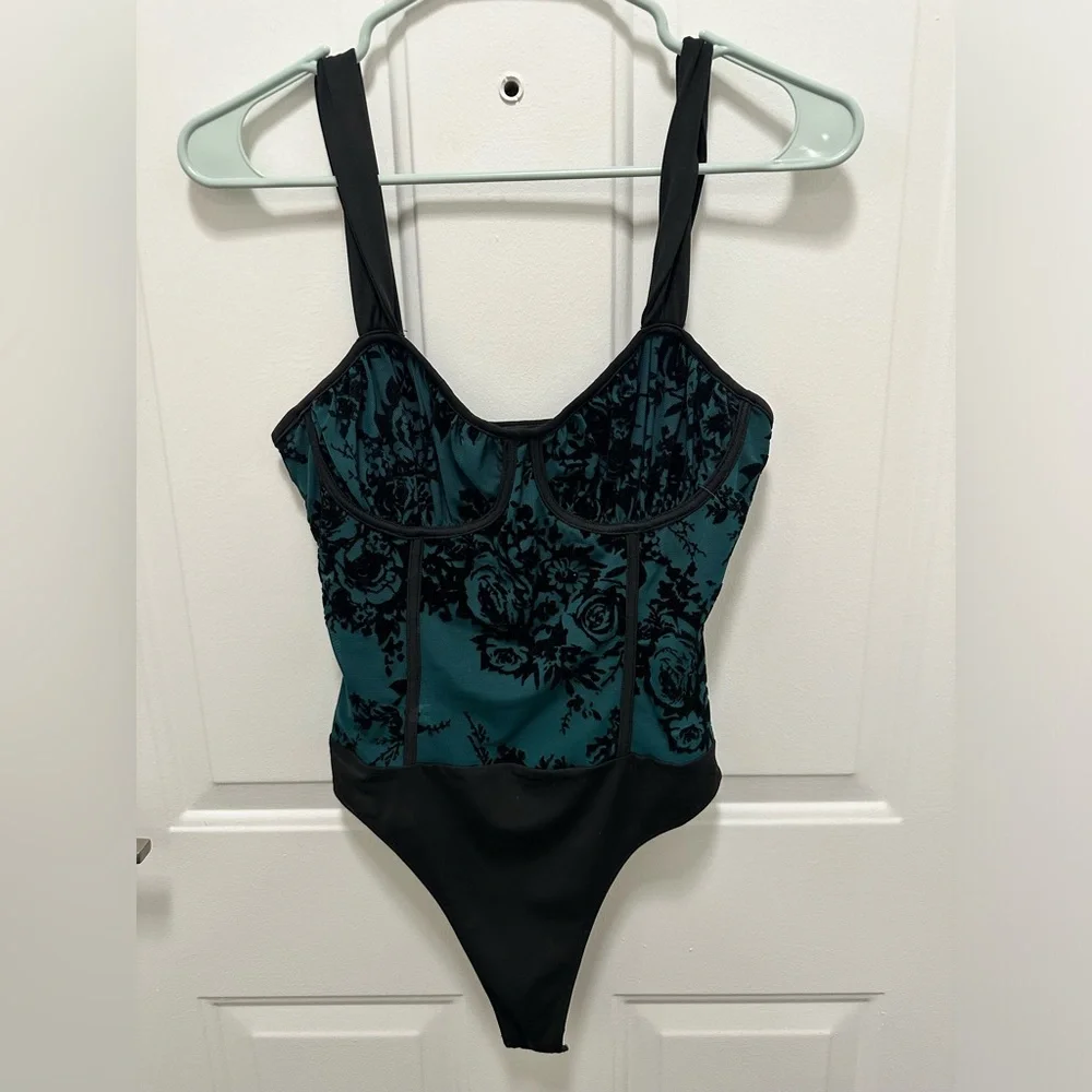 Lulus Exceptionally Dramatic Teal Burnout Floral Bustier Bodysuit, Size Small - Picture 6 of 7